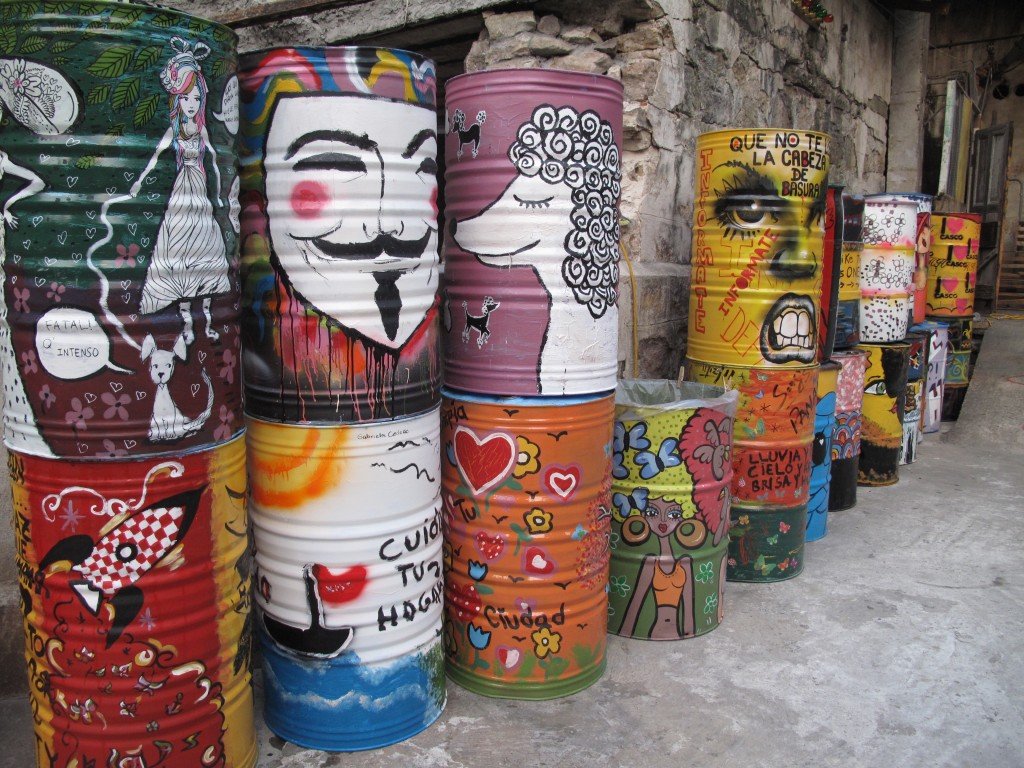 Garbage cans in Casco Viejo, Panama decorated by artists for a keep city clean project