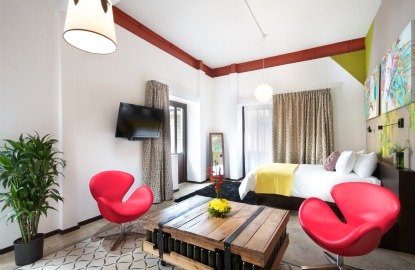 A room in the Tantalo Hotel in Casco Viejo displays modern touches dispite its rustic location.
