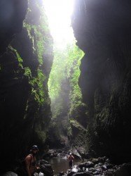 Sunlight shines down a small crevice along the hike to Bayano Caves.